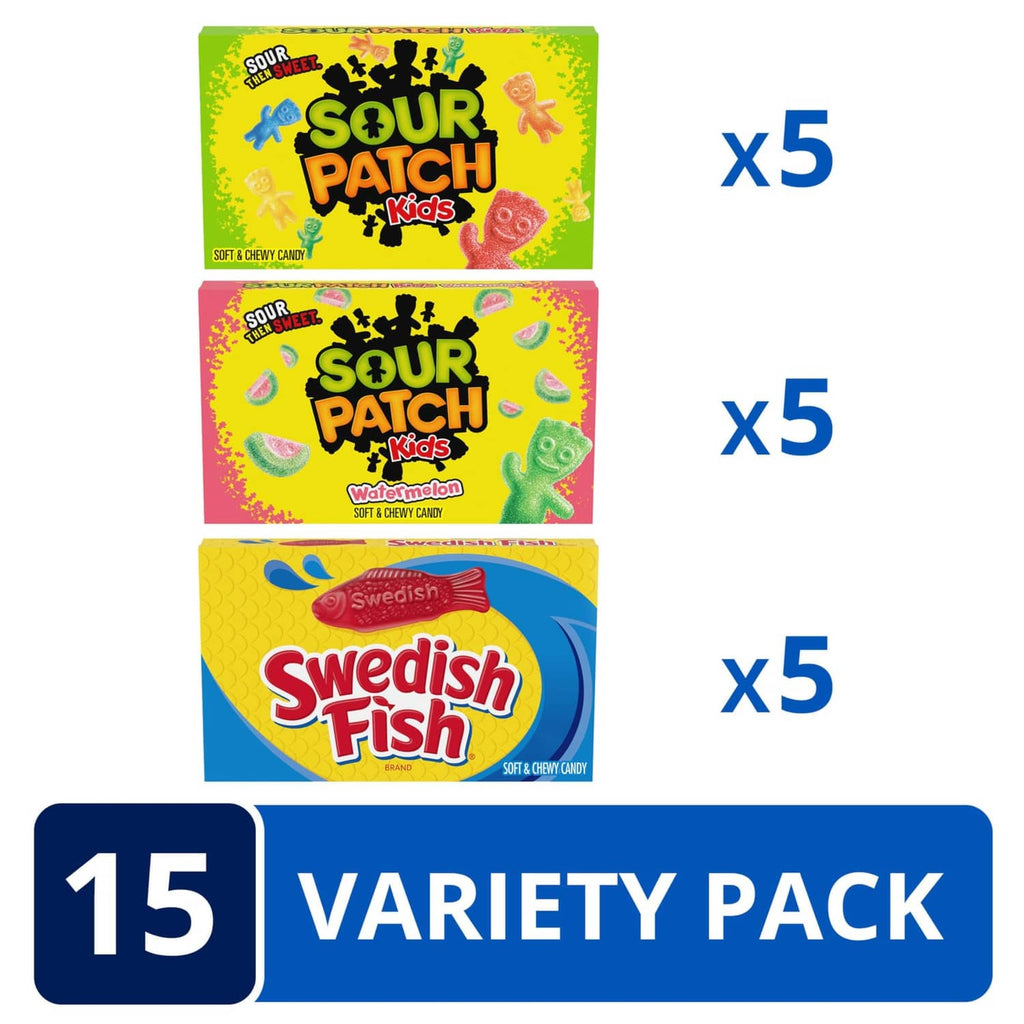 15-count variety pack with five Sour Patch Kids and five Swedish Fish boxes