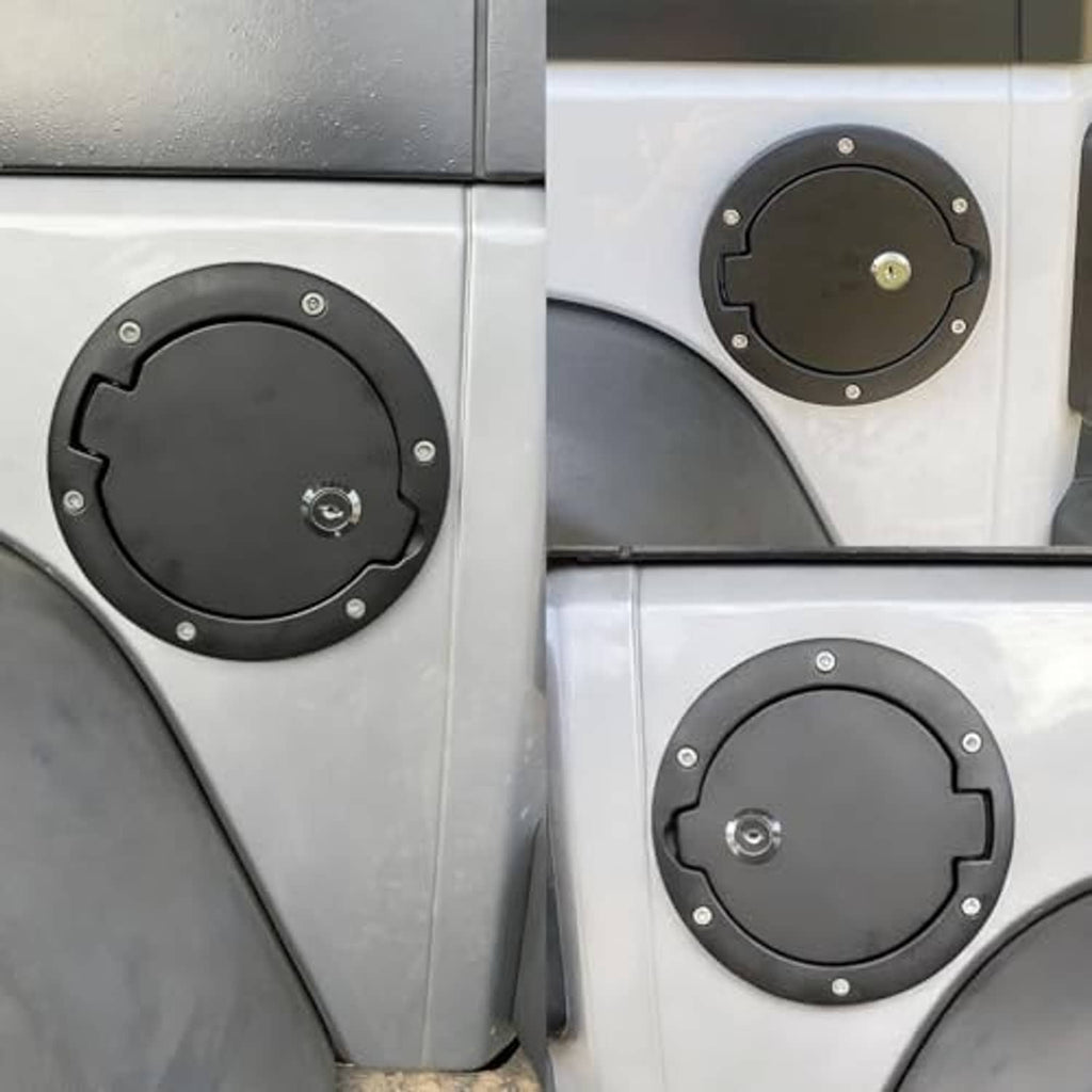 Two locking black fuel filler doors installed on vehicle side panels