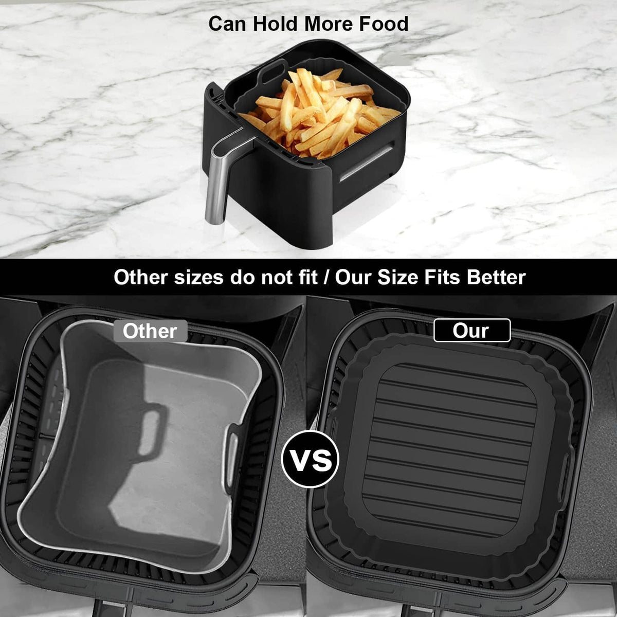 Black square silicone air fryer liner holding fries in a square basket