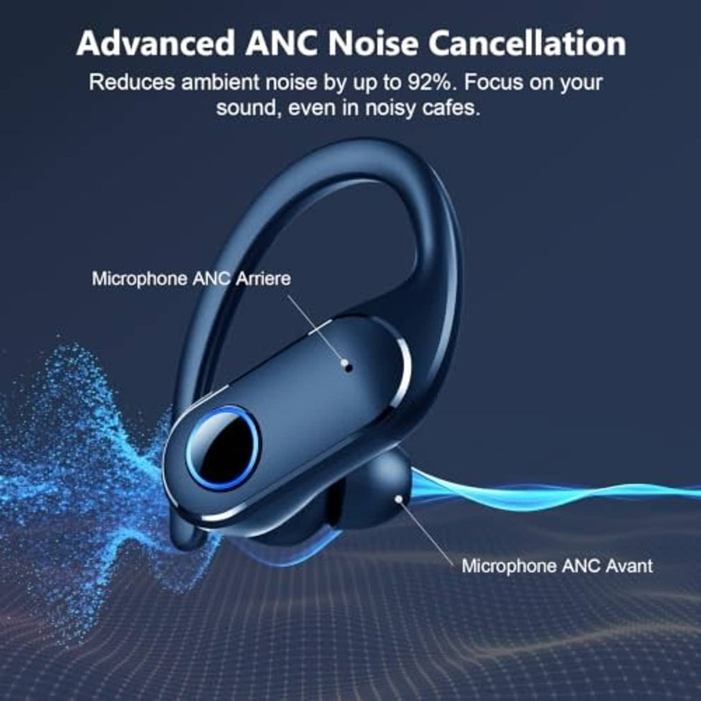 Dark blue wireless earbud with earhook, angled side view