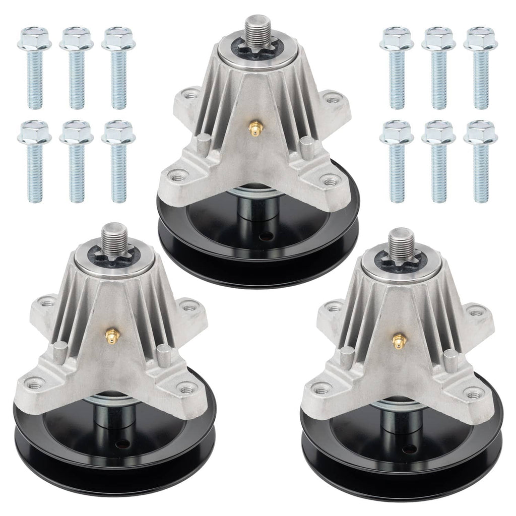 Deck spindle assembly with silver housing, black pulley, and included mounting bolts