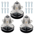 Deck spindle assembly with silver housing, black pulley, and included mounting bolts