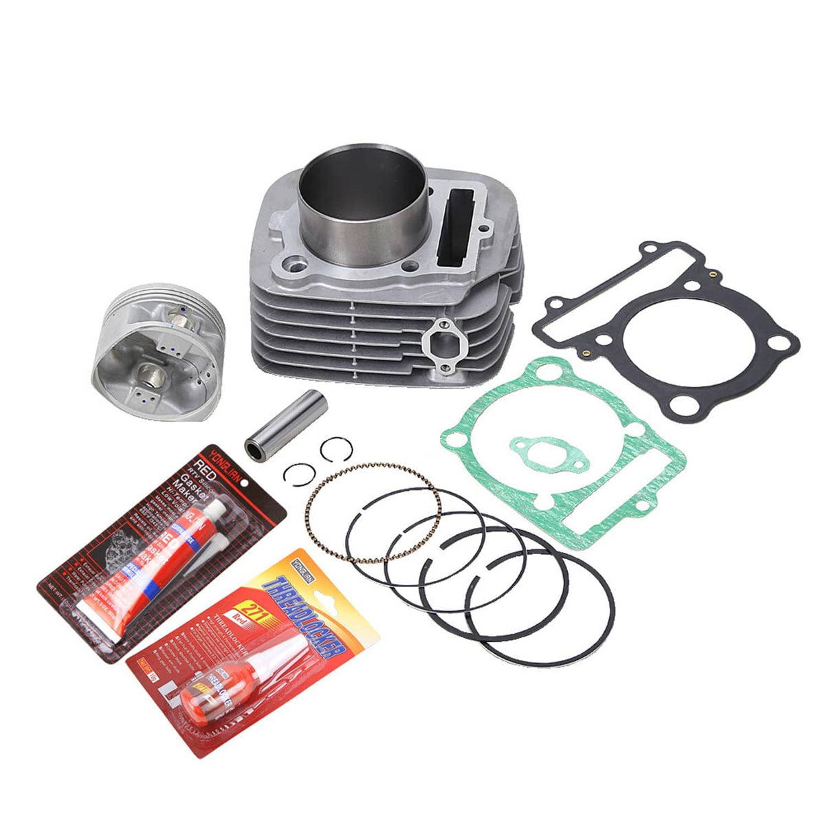 Motorcycle cylinder and piston kit with head gasket, sealing parts, and piston rings