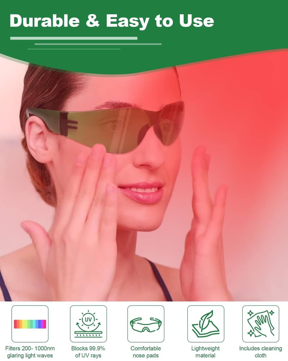 Green tinted light therapy glasses on a woman, wraparound lenses visible