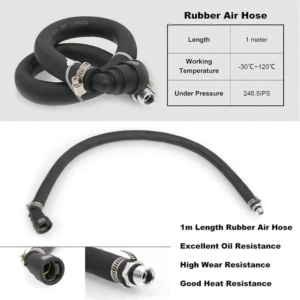 Black rubber air hose with metal fittings and coupler for oil catch can