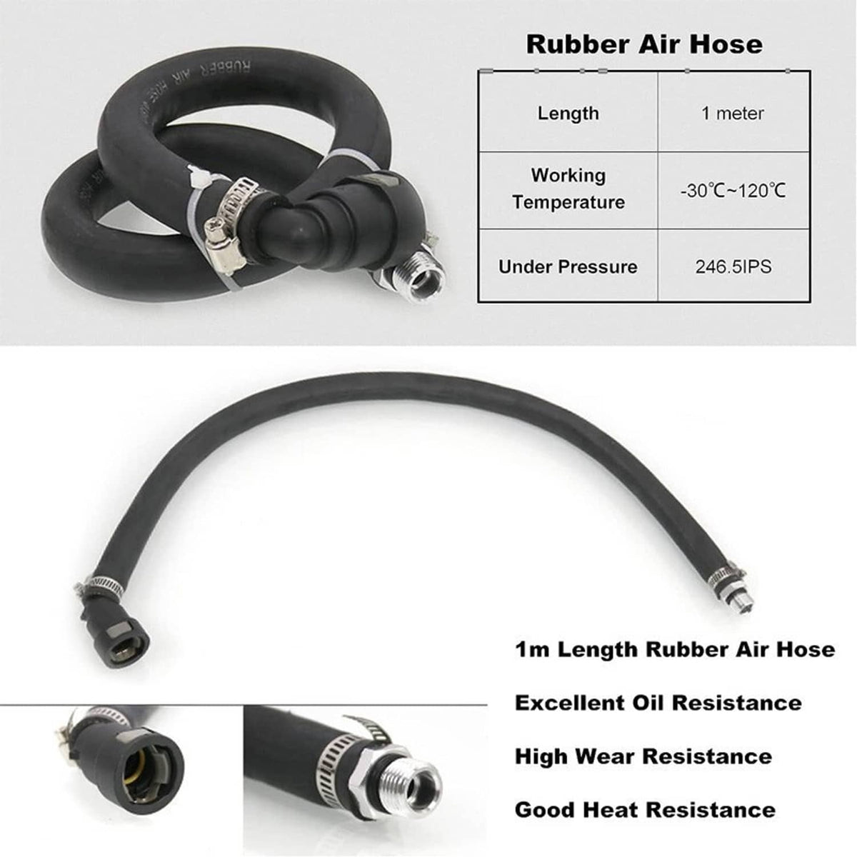 Black rubber air hose with metal fittings and coupler for oil catch can