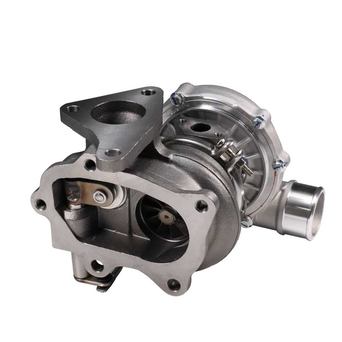 Turbocharger with compressor housing and oil line ports, side view