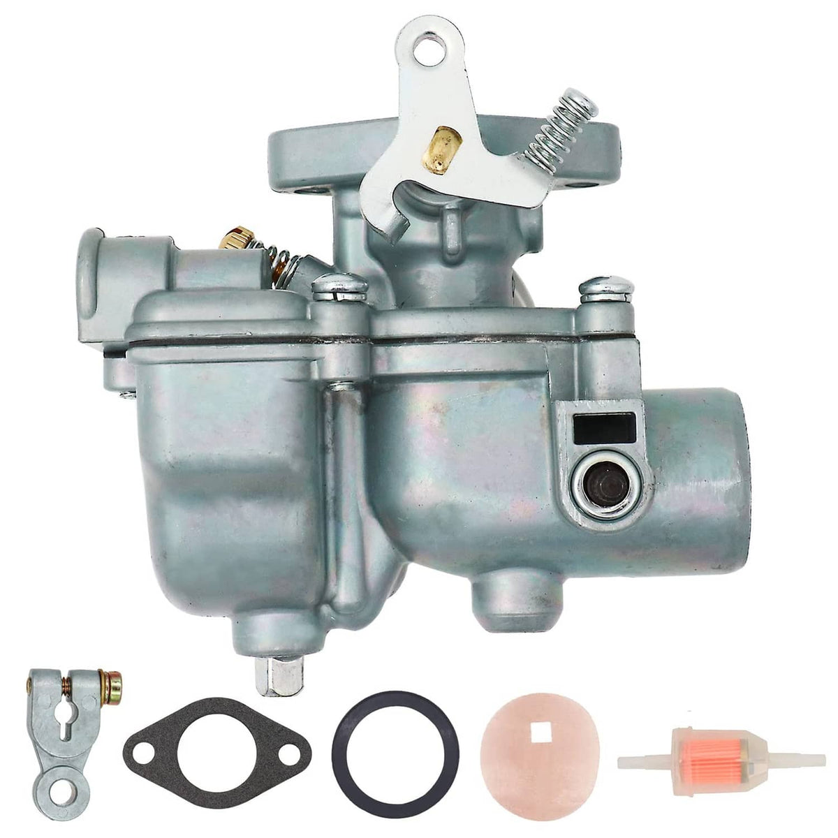Carburetor assembly side view with intake outlet and mounting tab