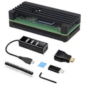 Aluminum heatsink case kit with black fins, GPIO header, and included OTG hub ports