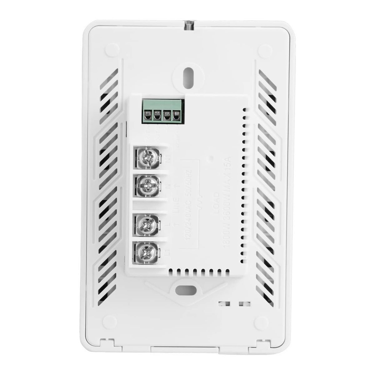 Wall thermostat back plate with terminal block, screws, and ventilation slots, white