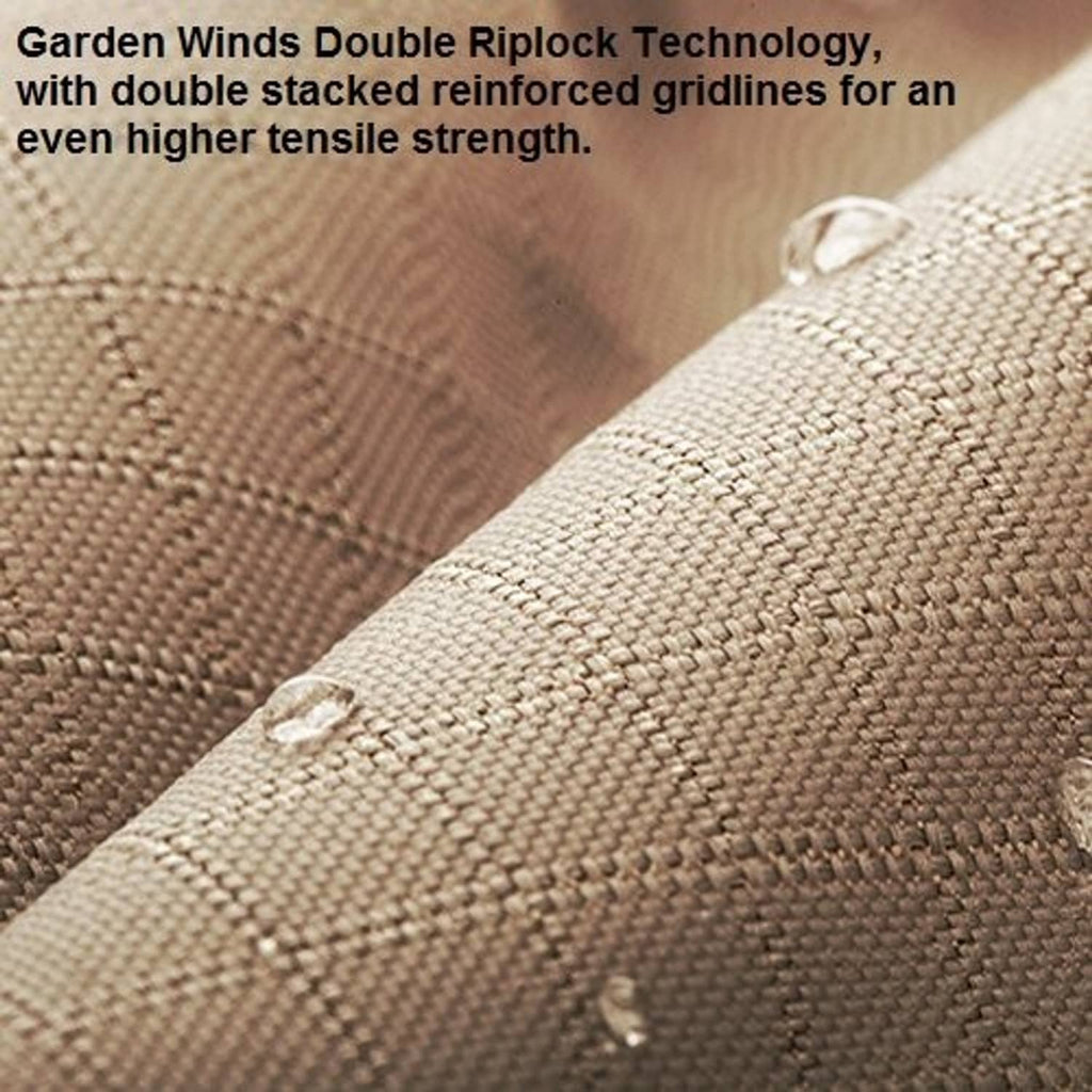 Close-up of beige woven canopy fabric with reinforced stitched patch