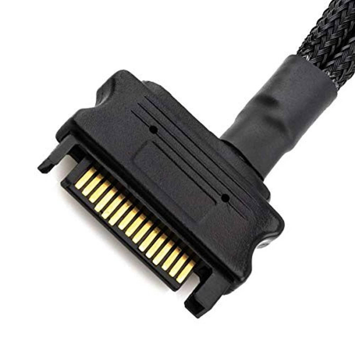 15-pin SATA power plug on black braided cable with 3-pin fan power connector