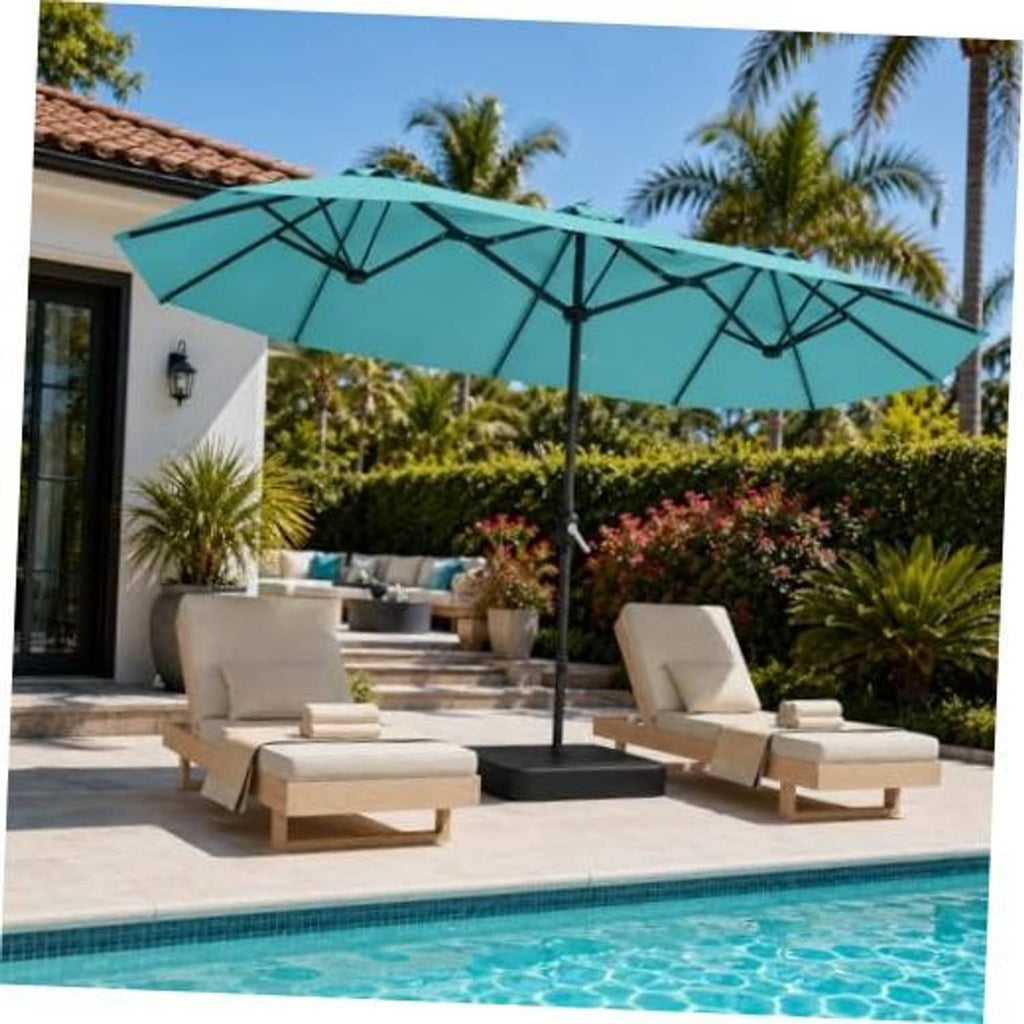 Turquoise patio umbrella with black frame and base, open canopy