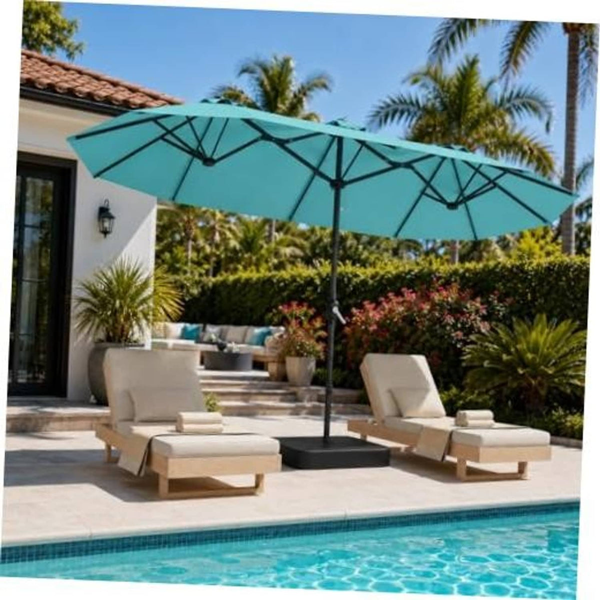 Turquoise patio umbrella with black frame and base, open canopy