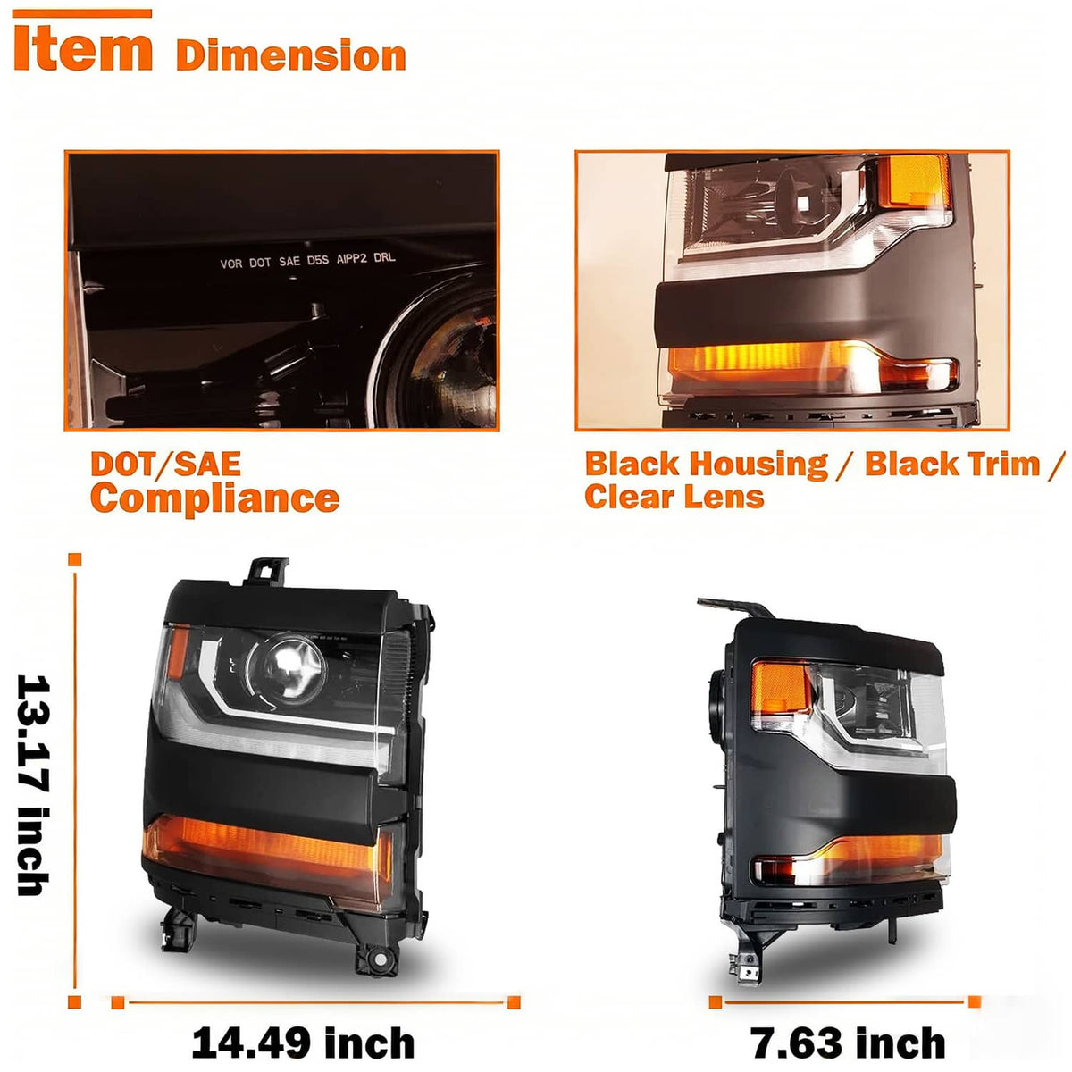 Car headlight with black housing and amber side markers, showing compact lens shapes