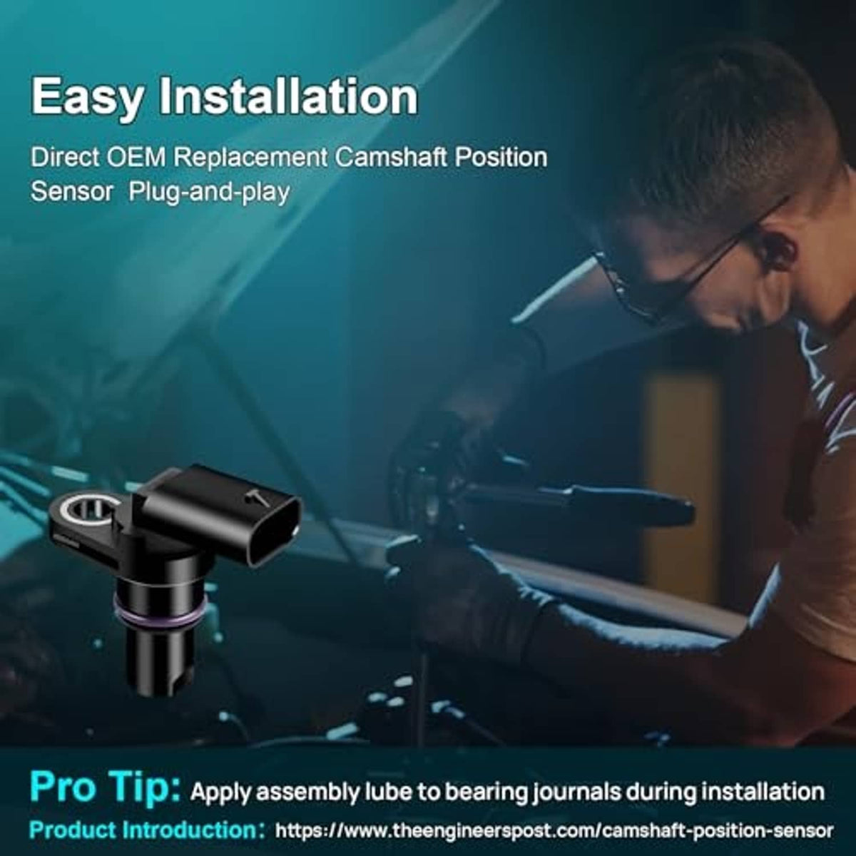 Camshaft position sensor easy installation graphic showing plug-and-play replacement