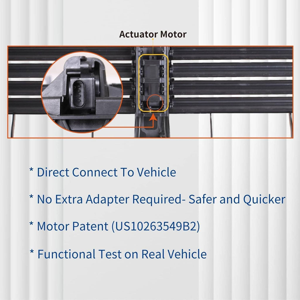 Active grille shutter actuator motor connector with wiring and black slats