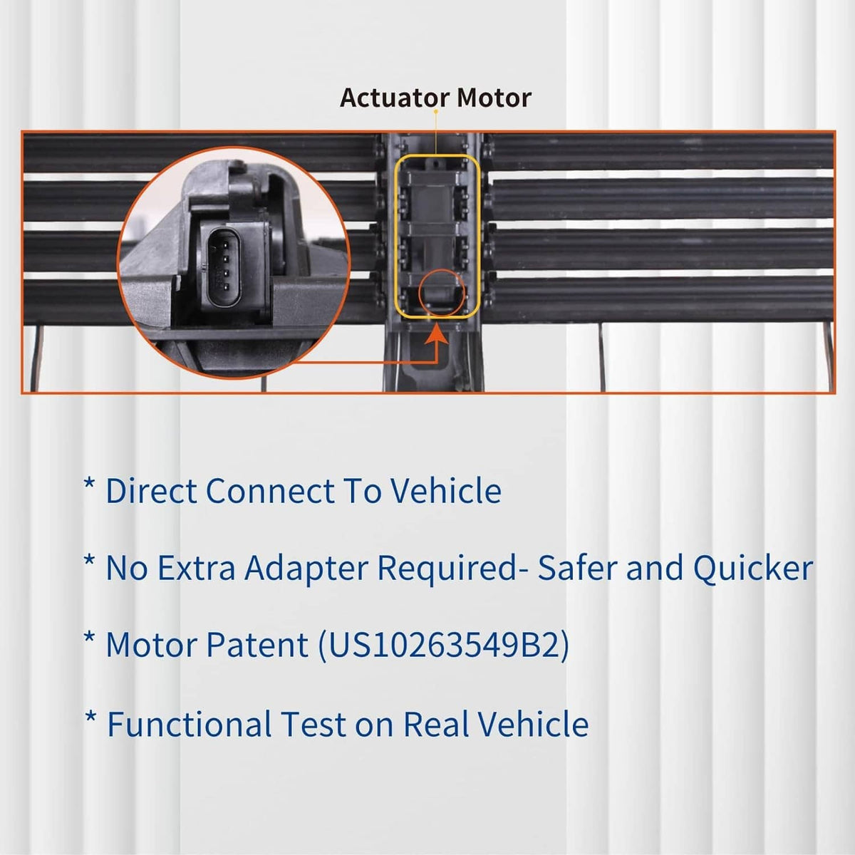 Active grille shutter actuator motor connector with wiring and black slats
