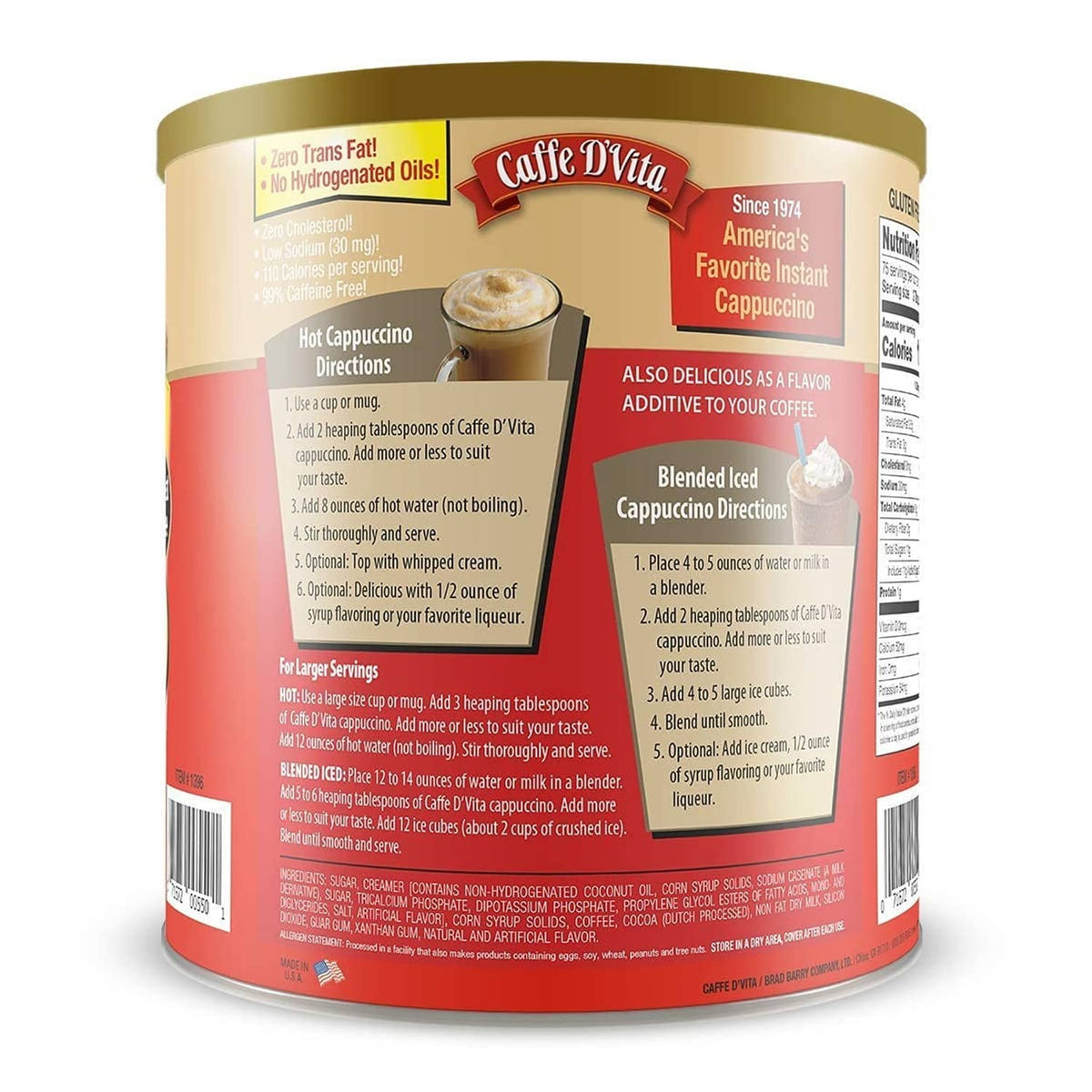 Mocha cappuccino mix can, back panel with serving directions