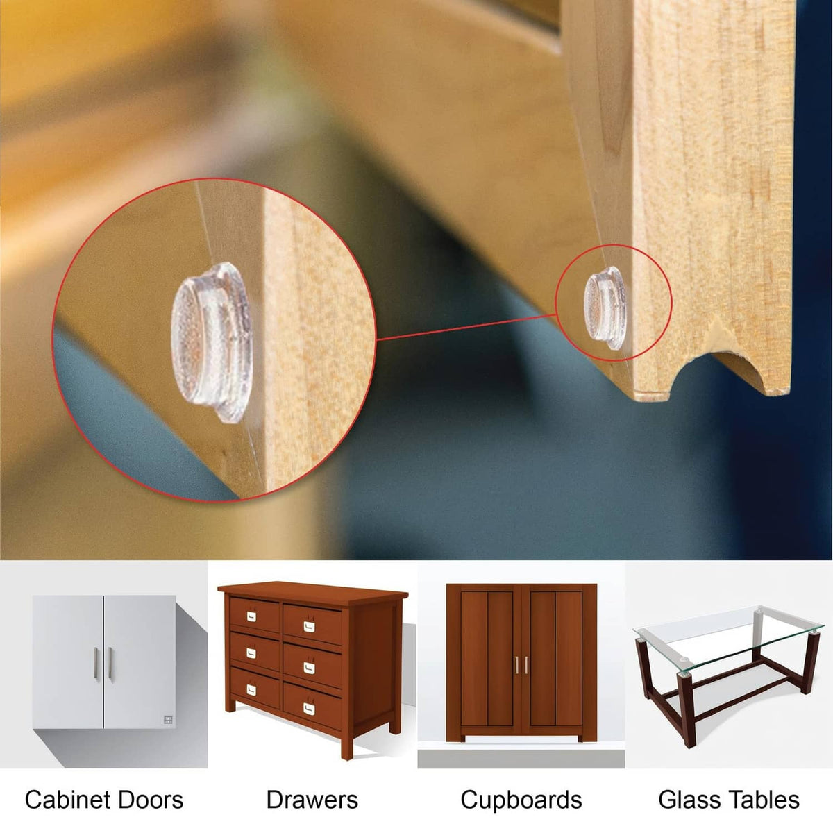 Clear self-adhesive bumper pad attached to furniture edge, installation inset view.