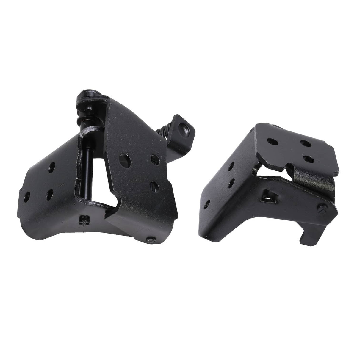 Black steel door hinge set with spring and mounting holes, driver side upper/lower style