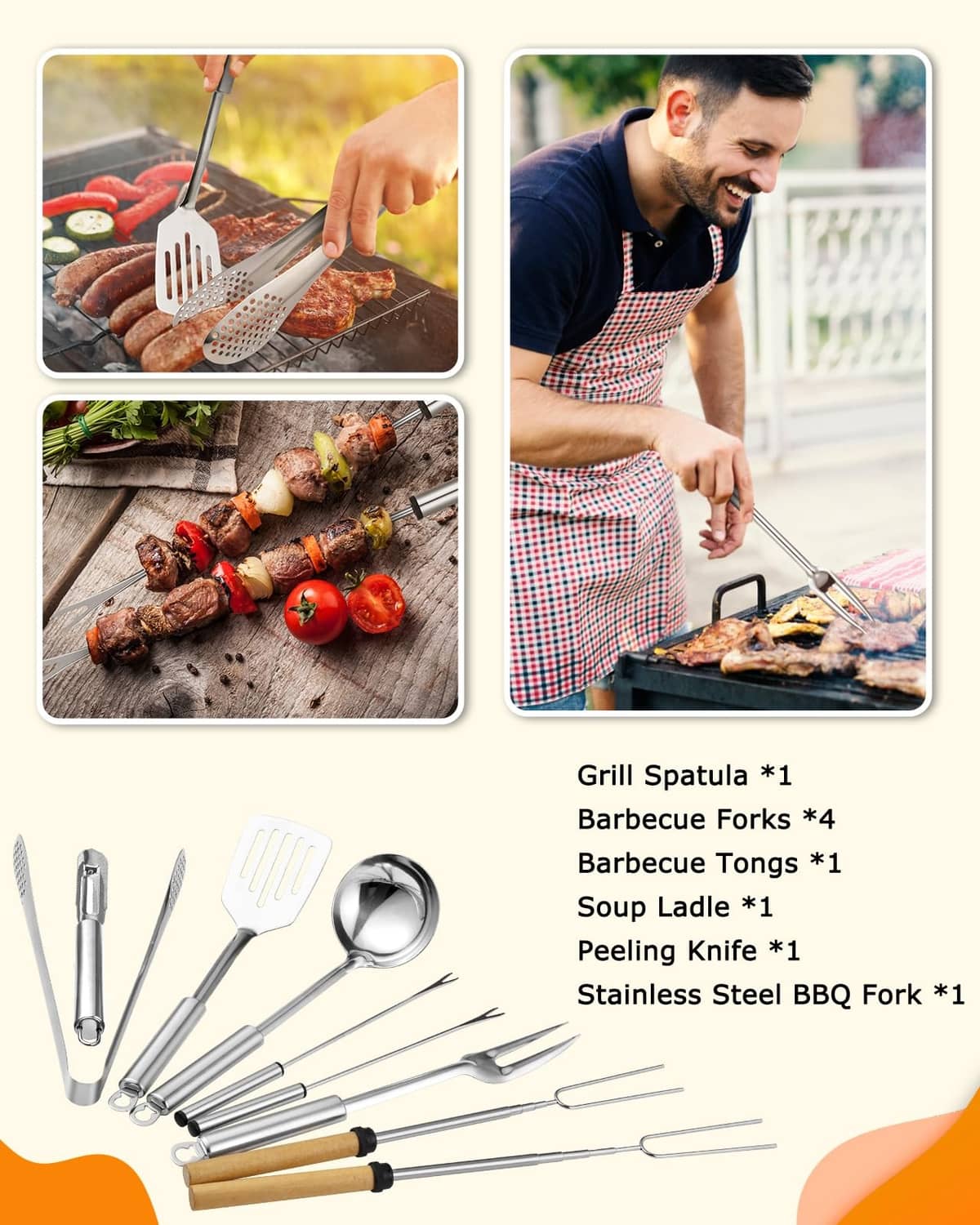 Cooking utensil set layout with forks, spatula, tongs, knives and tools