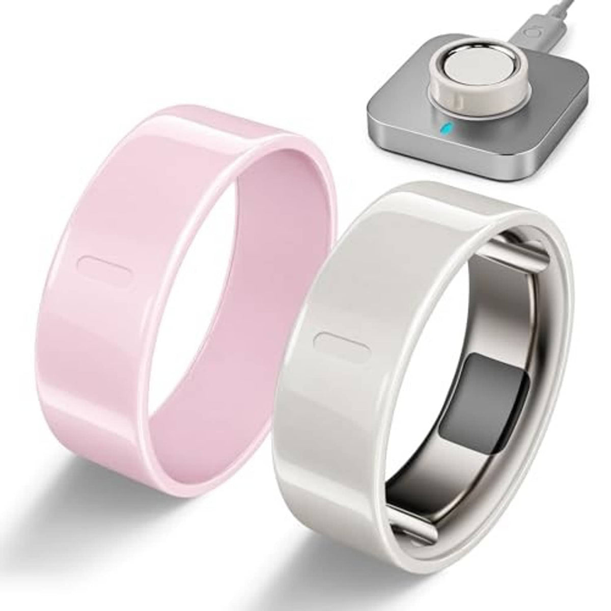 Pair of smart ring covers in pink and white with a smooth, open band design