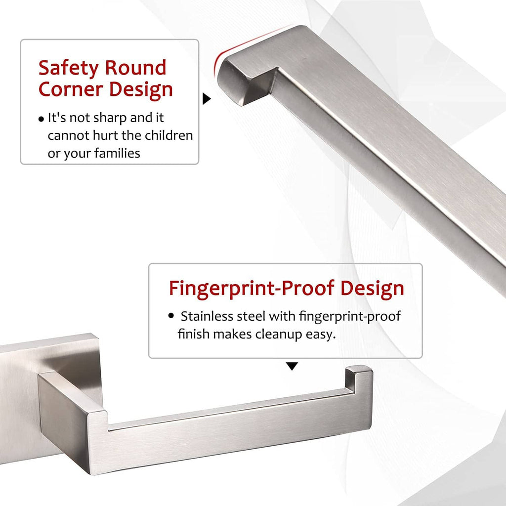 Brushed nickel toilet paper roll holder with rounded corner safety design
