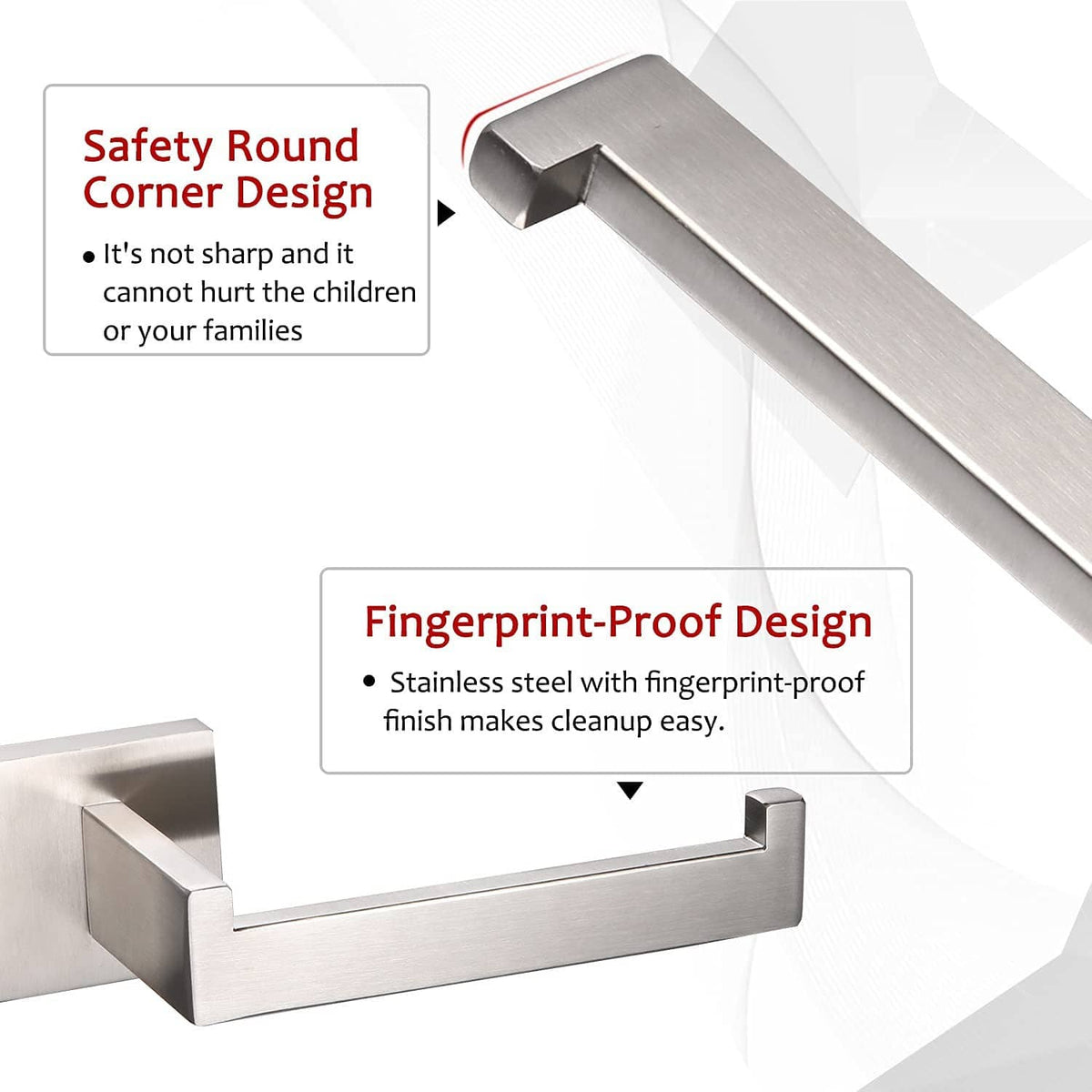 Brushed nickel toilet paper roll holder with rounded corner safety design