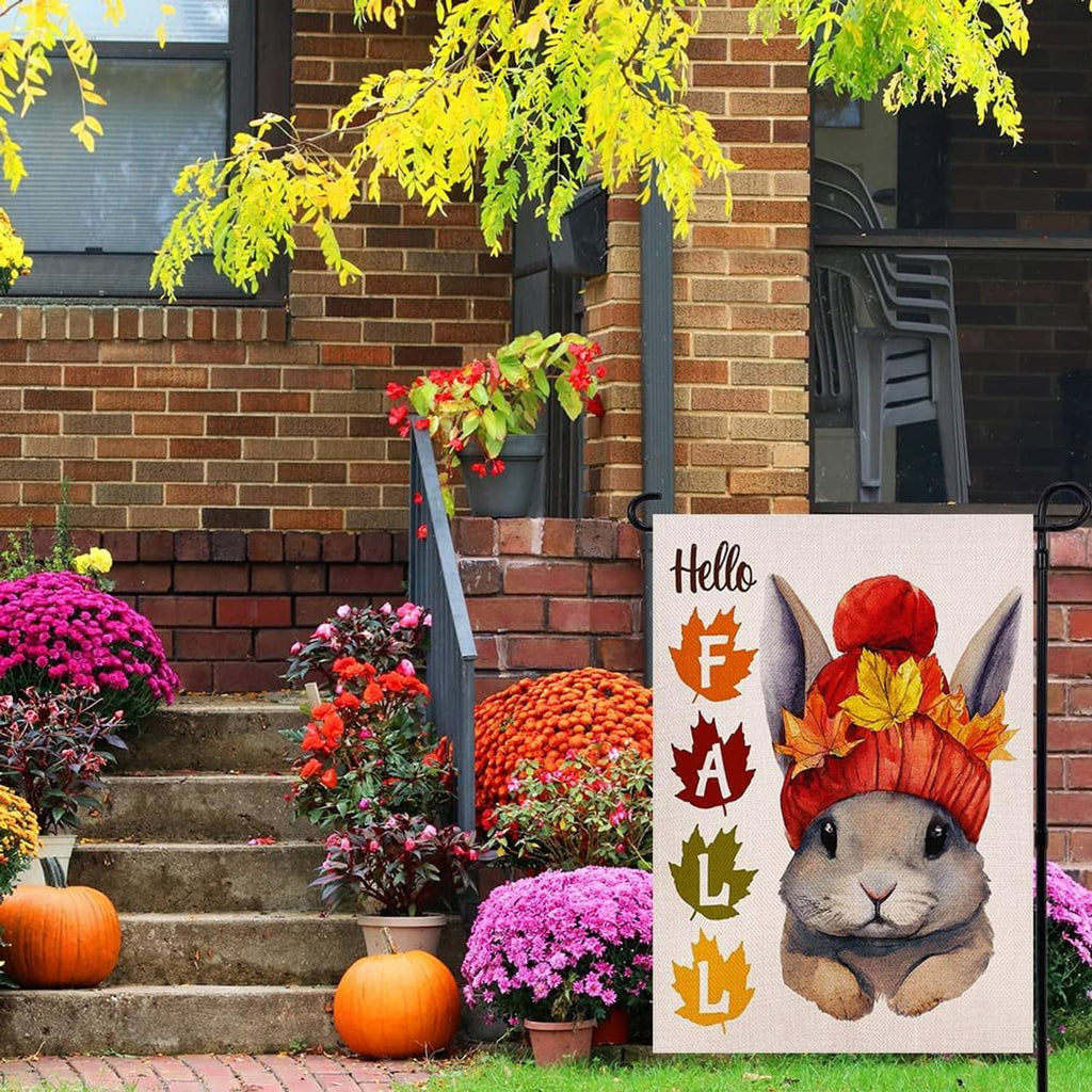 Hello Fall rabbit garden flag with 'Hello' letters and rabbit in a red autumn hat
