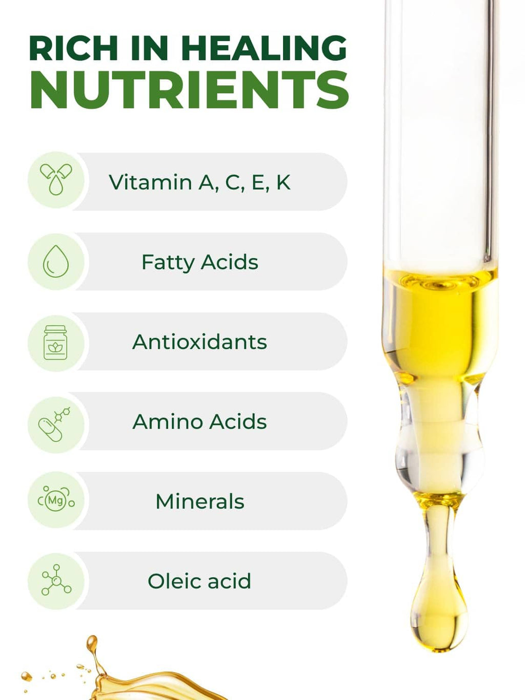 Moringa oil shown in clear dropper pipette with golden liquid