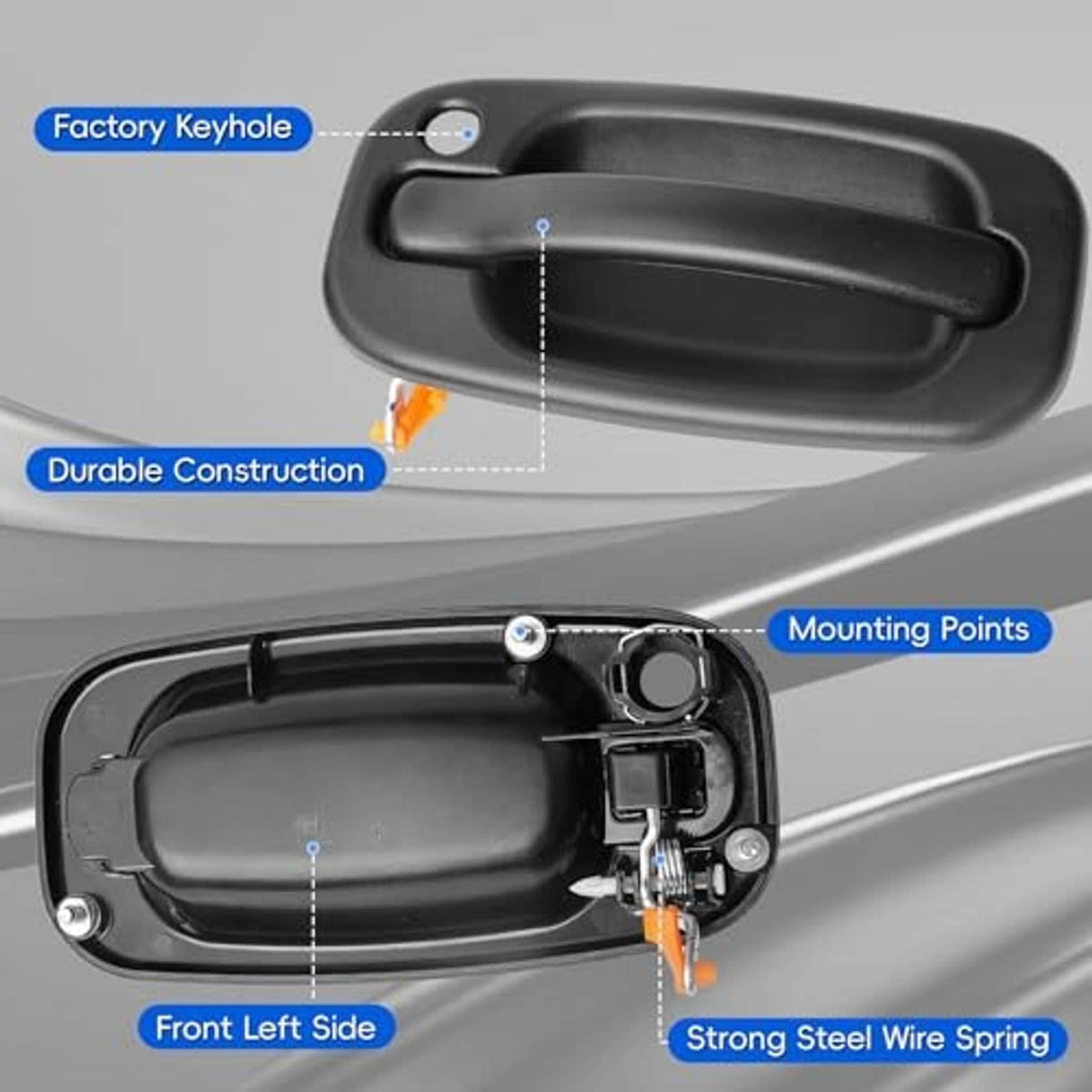 Black exterior door handle with keyhole and visible internal mounting components