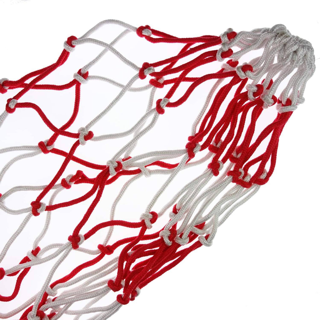 Red and white rope carboy carrier strap with knot loops and braided net spacing