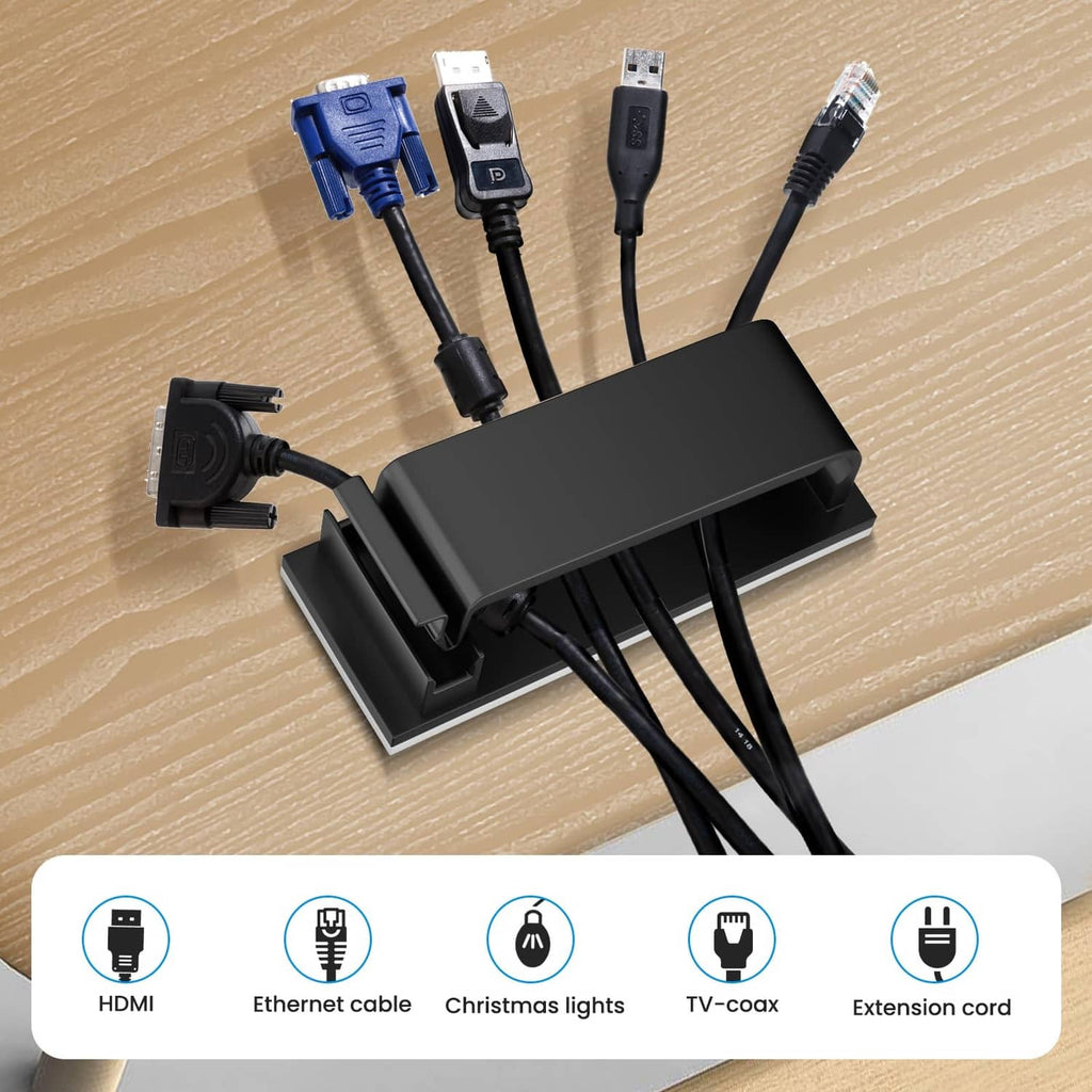 Black cable management clip with adhesive backing for several connector cables