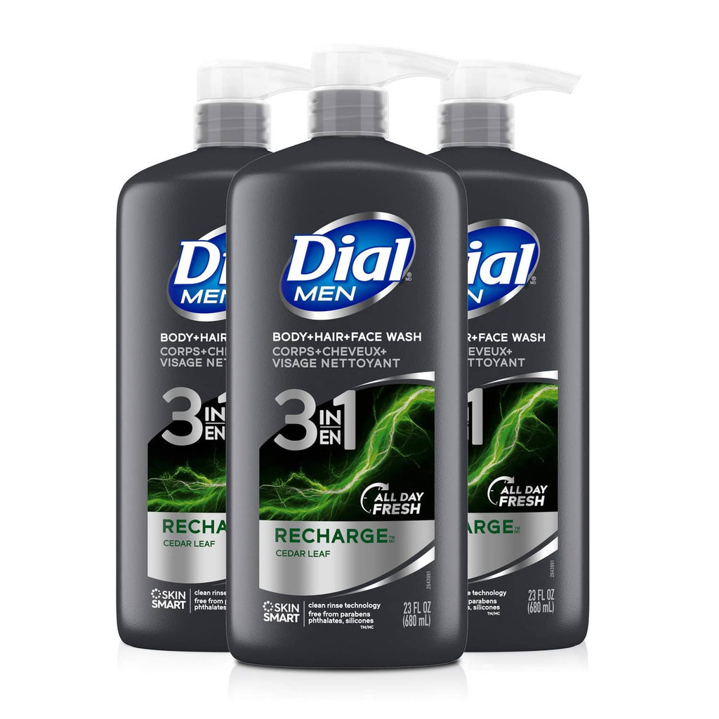Dial Men body, hair & face wash bottles with pump, 3-in-1 Recharge, cedar leaf