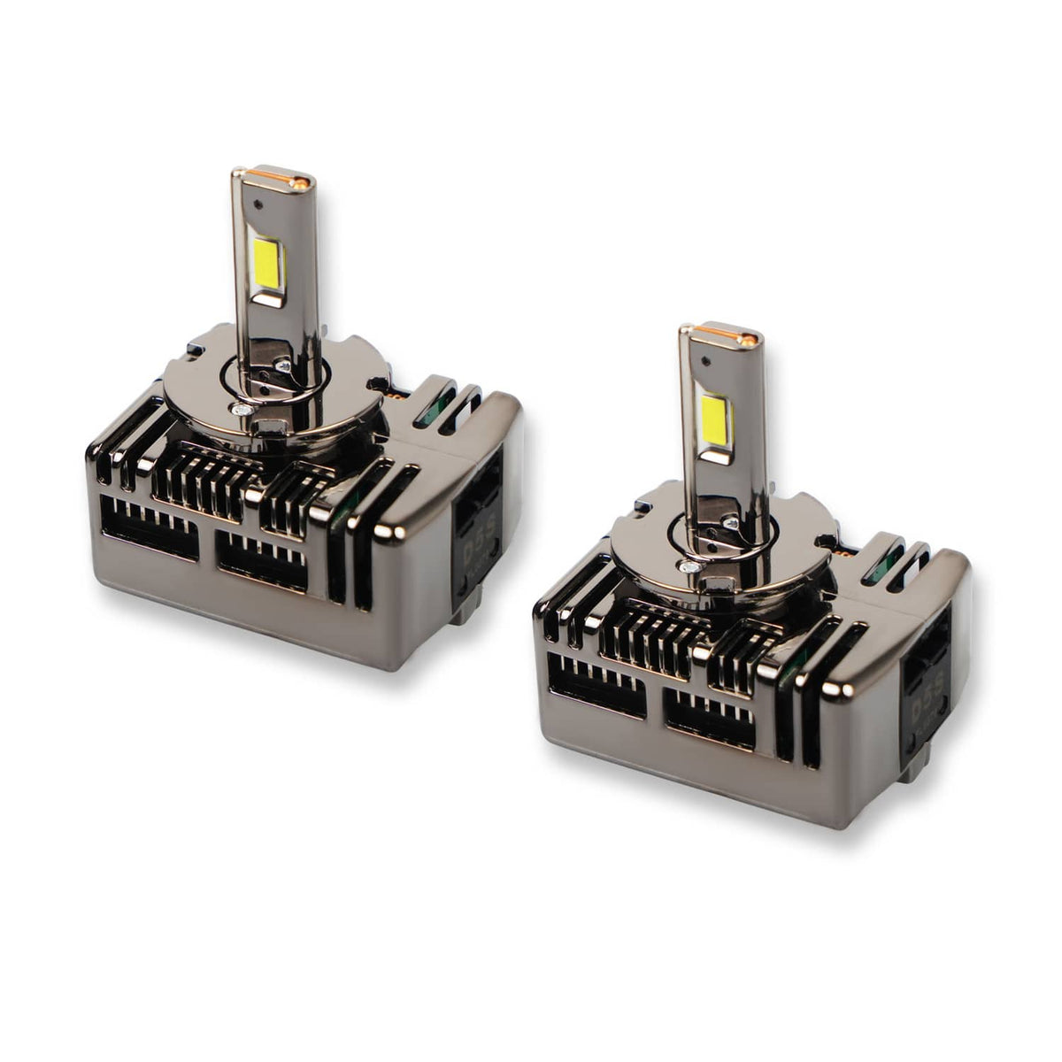 Pair of D5S LED headlight bulbs with silver heat-sink bases and top LED chips