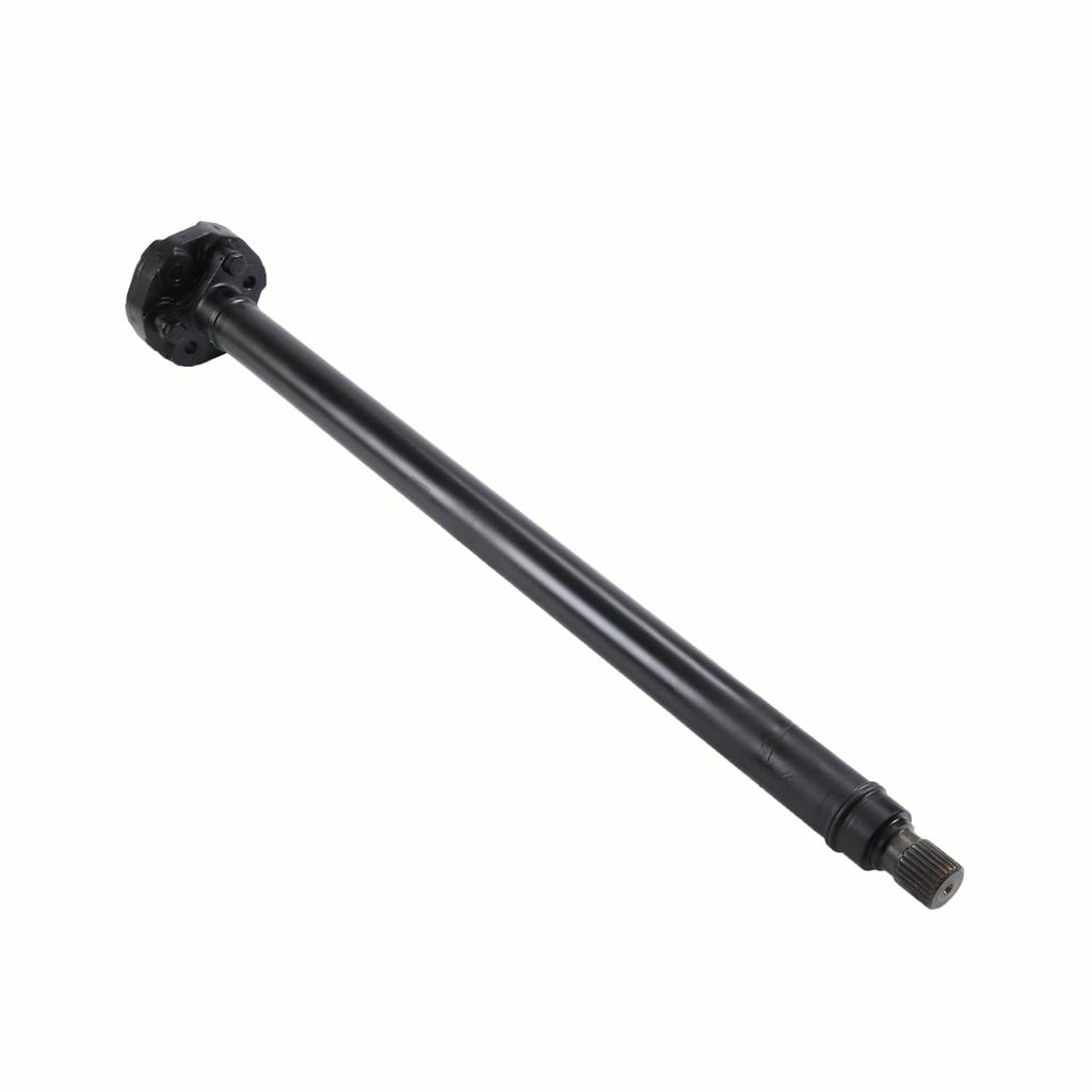 Front drive shaft with splined end and black shaft tube, angled view