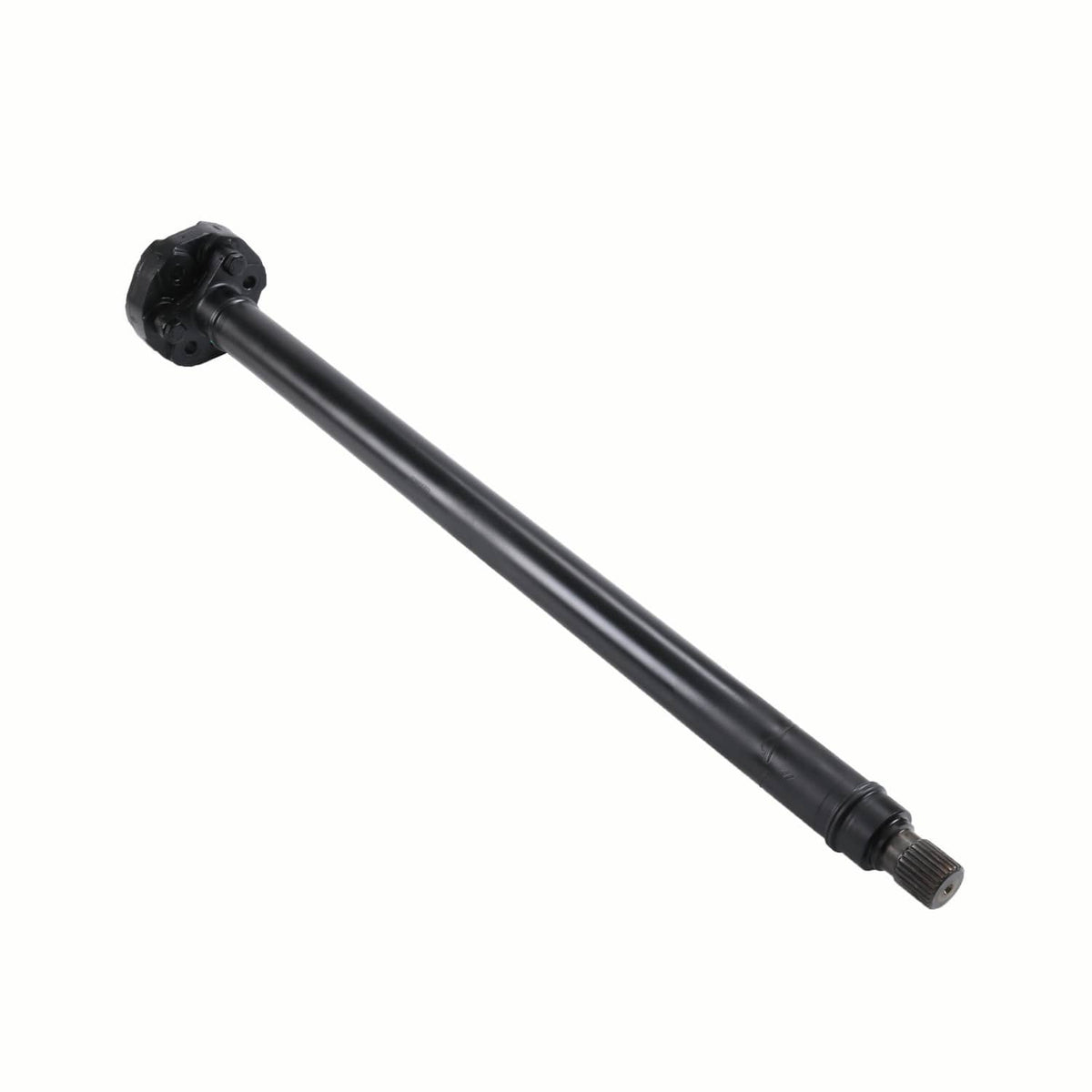 Front drive shaft with splined end and black shaft tube, angled view