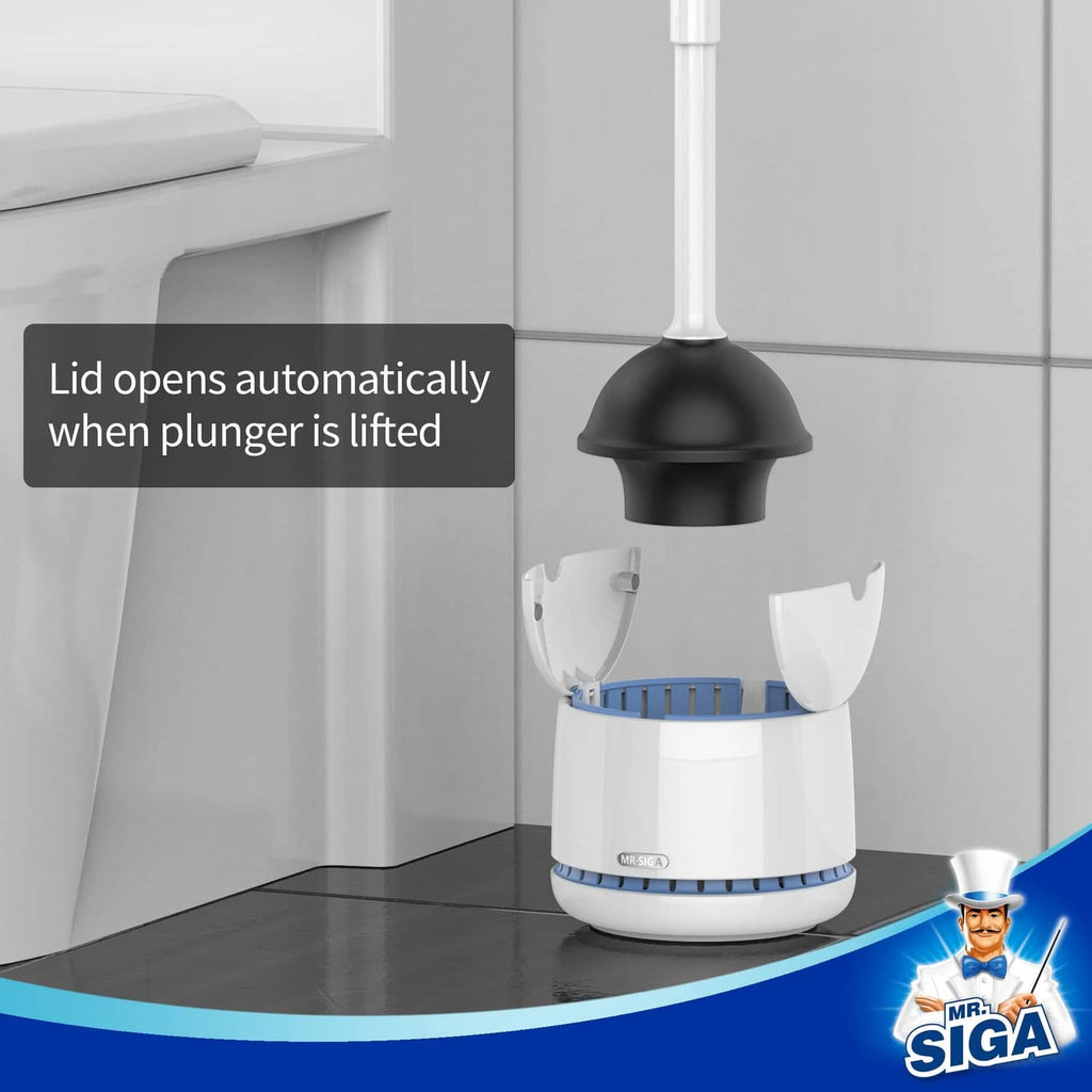 Toilet plunger with holder and auto-opening lid flaps; black rubber cup