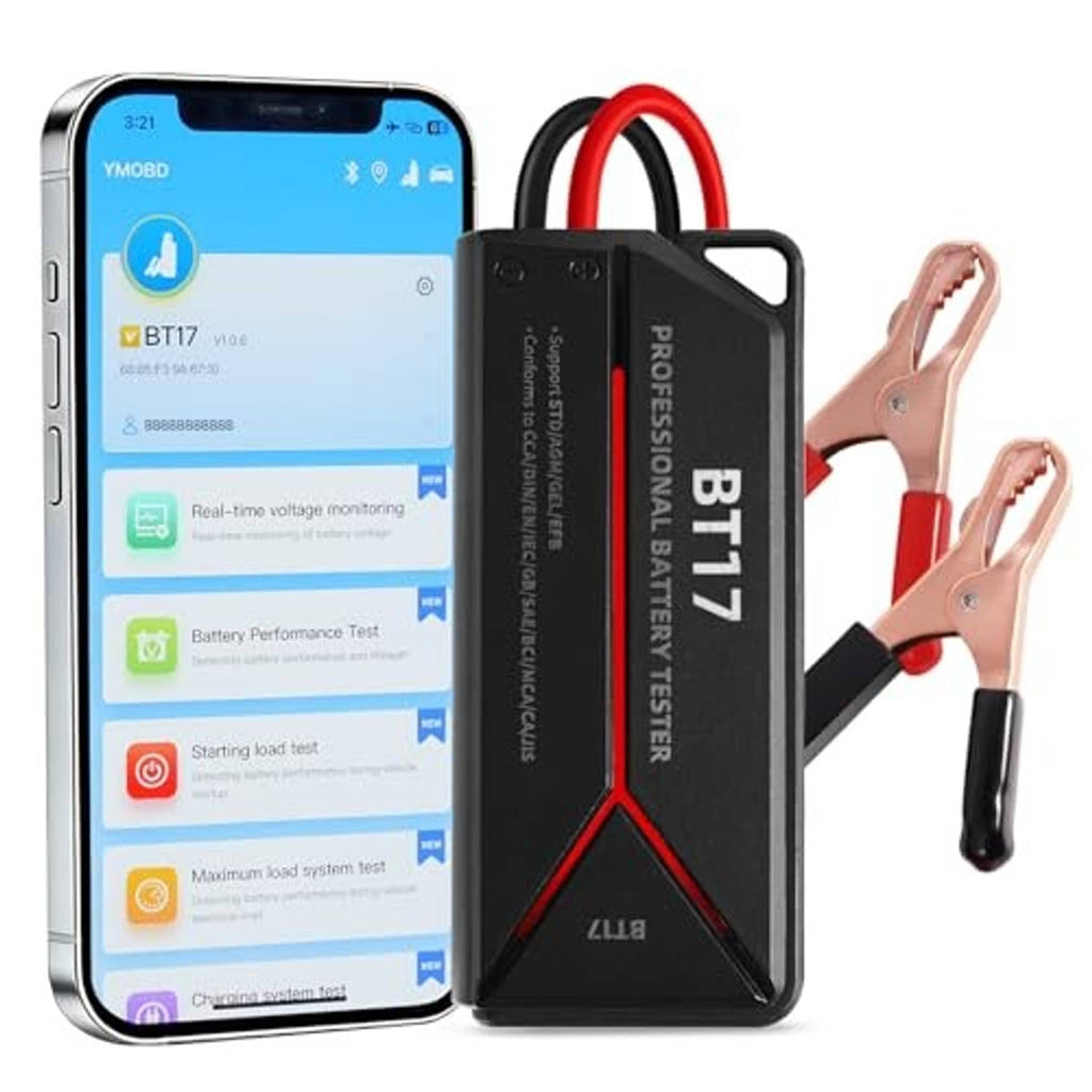 BT17 battery tester with screen phone display and red/black clip cable leads