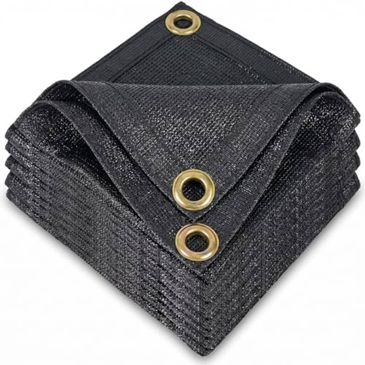Folded black sun shade mesh tarp with two brass grommets on corner