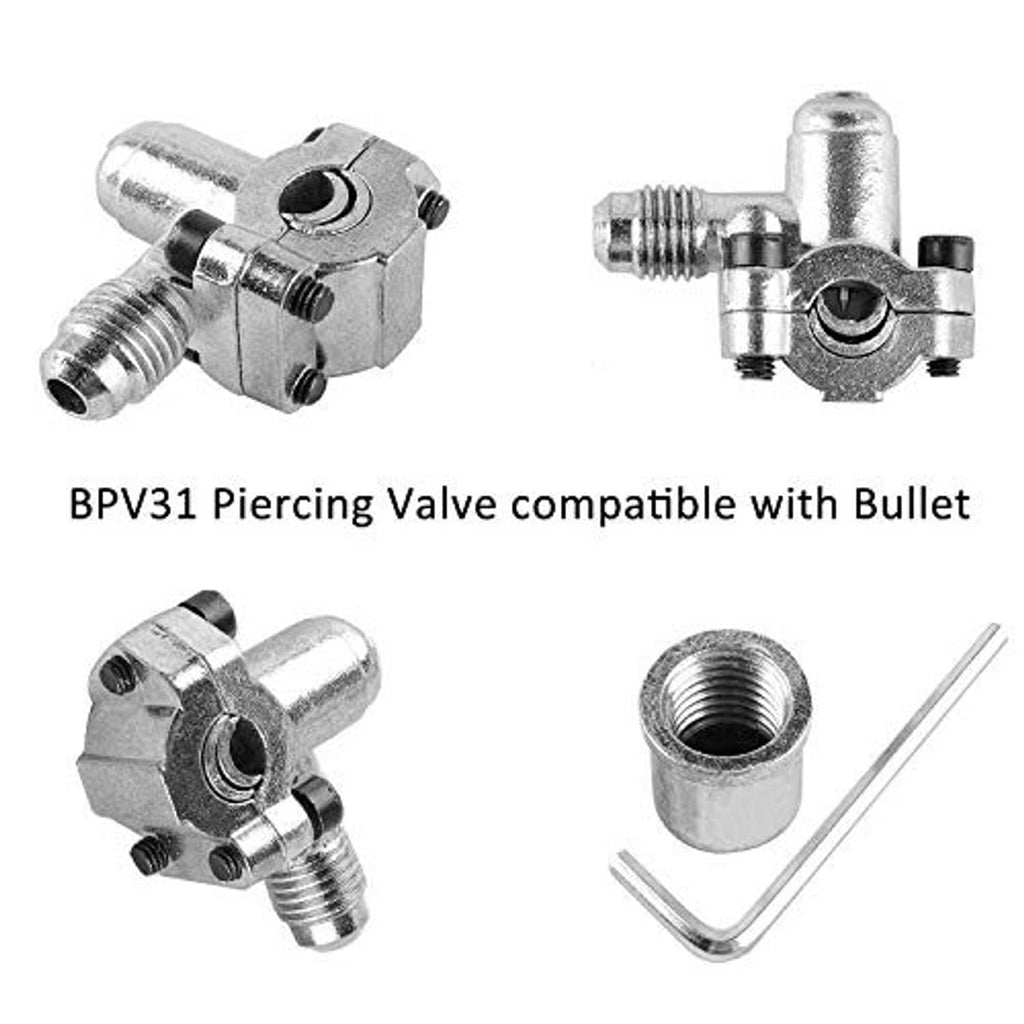 Piercing valve and metal adapters, silver connectors with hex key and cap