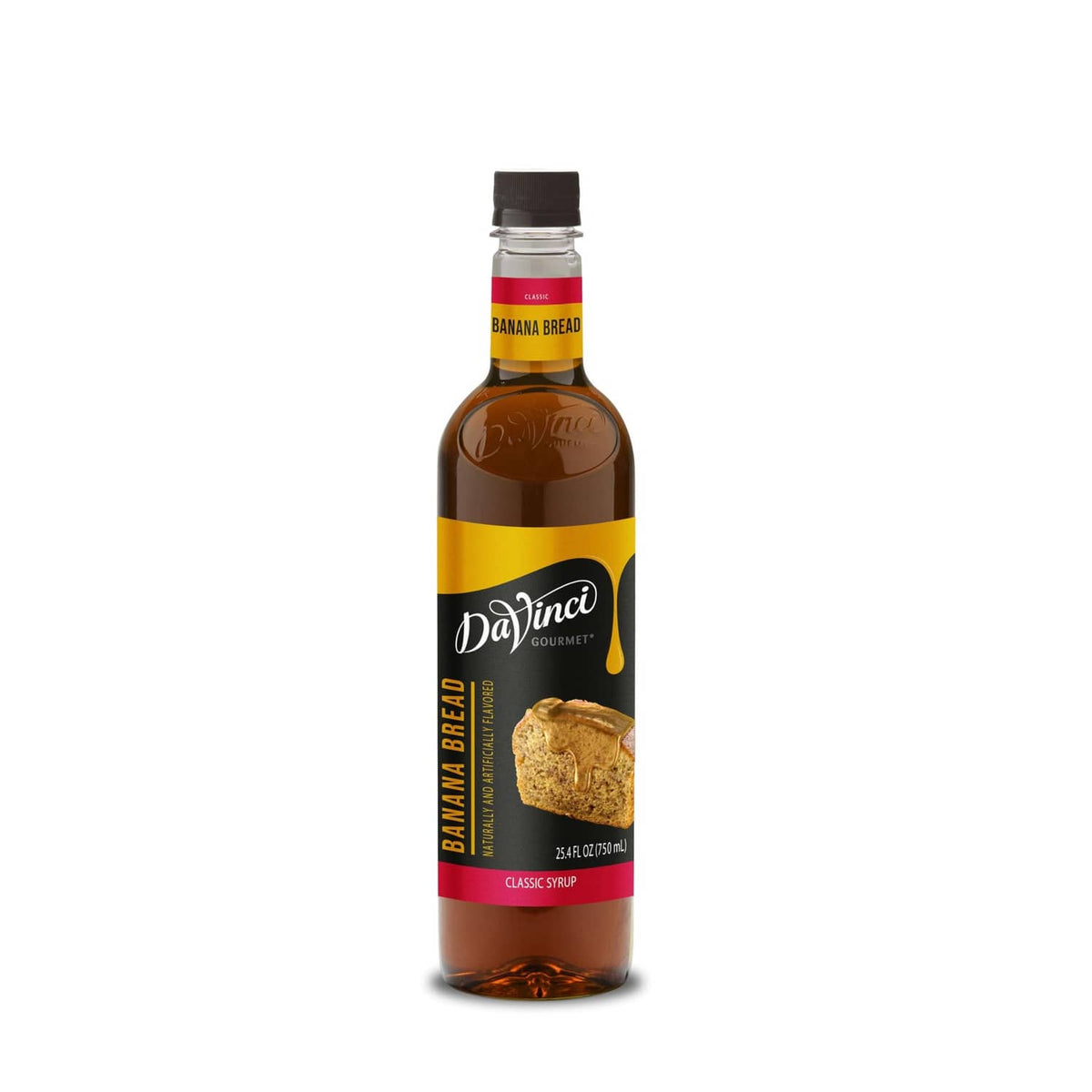 DaVinci banana bread syrup bottle with amber liquid, 25.4 fl oz