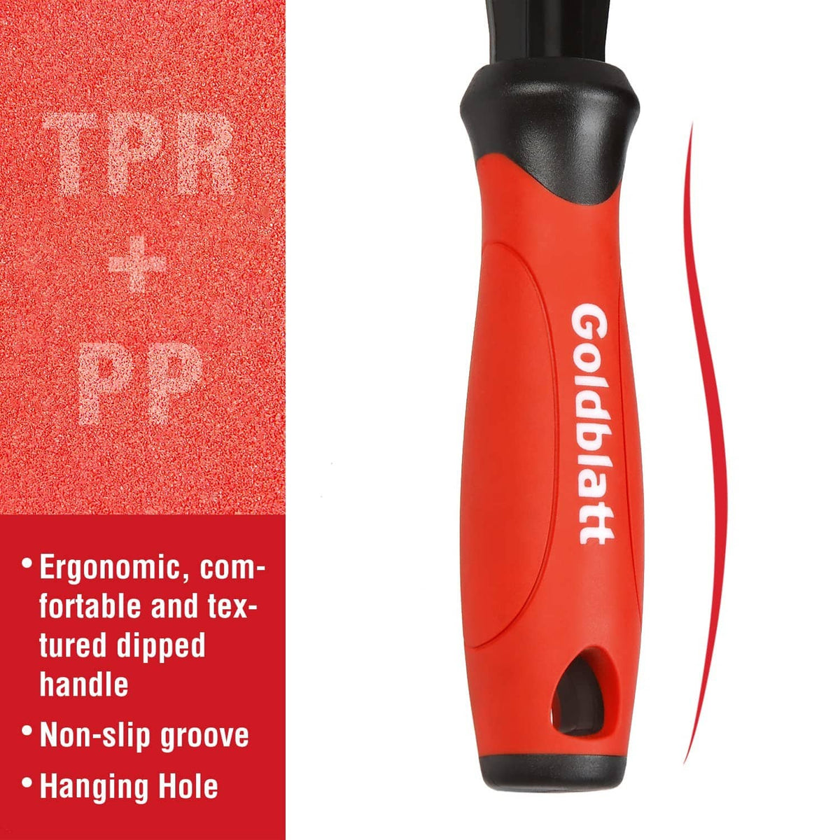 Red and black ergonomic trim puller handle with hanging hole