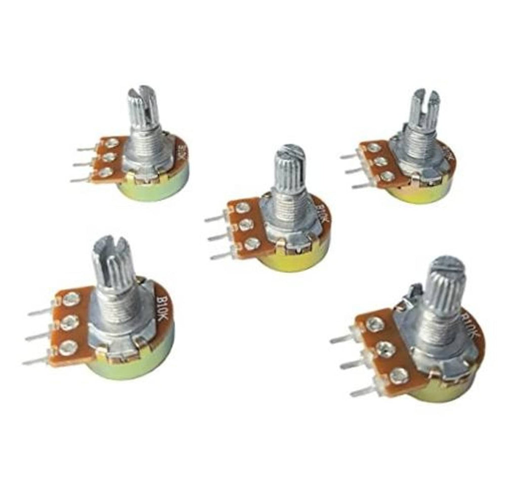 Set of 10K ohm rotary potentiometers with metal shafts and orange PCB, 3-pin leads