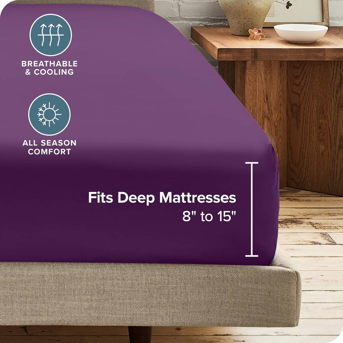 Purple deep-mattress fitted sheet with all-around elastic and secure fit