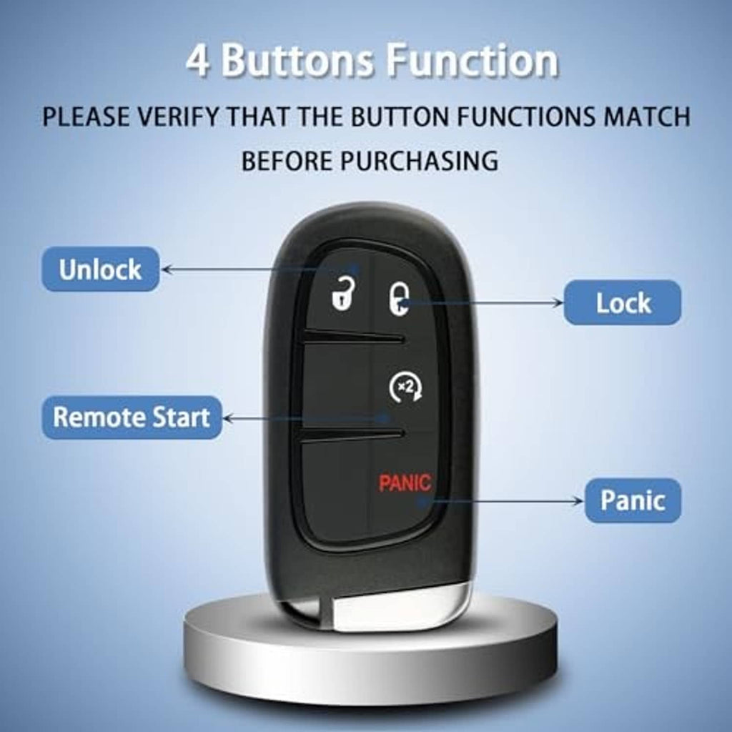 Black smart key fob on stand with lock, unlock, remote start, and panic buttons