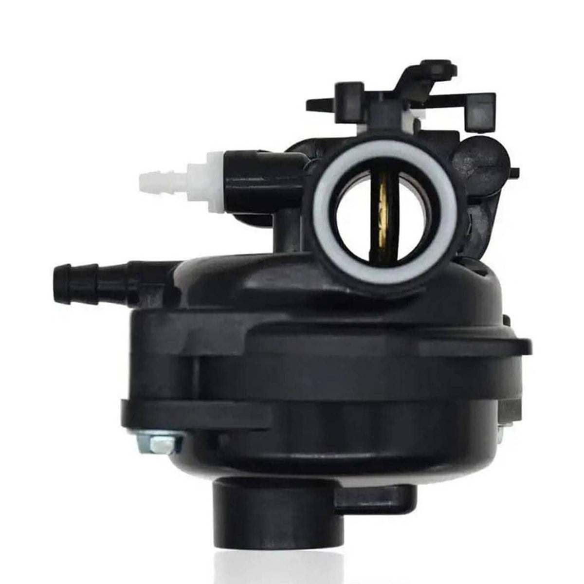Black carburetor assembly with circular throttle bore and fuel inlet tube