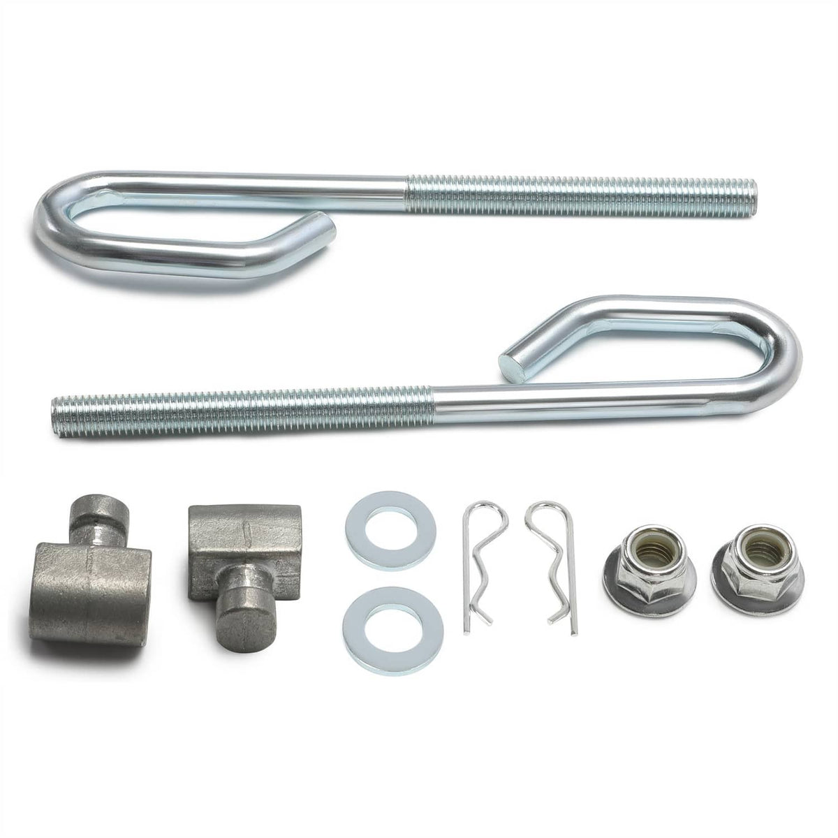 Deck lift bolt nut hardware set with two U-bolts, nuts, washers, cotter pins