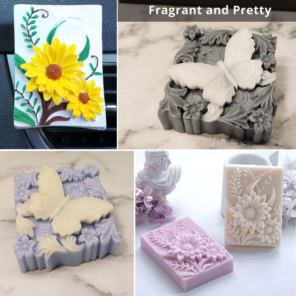 Square soap bars with 3D floral and butterfly embossing, white, gray, lavender, pink